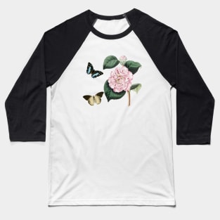 Watercolor of pink camellia flowers and butterflies Baseball T-Shirt